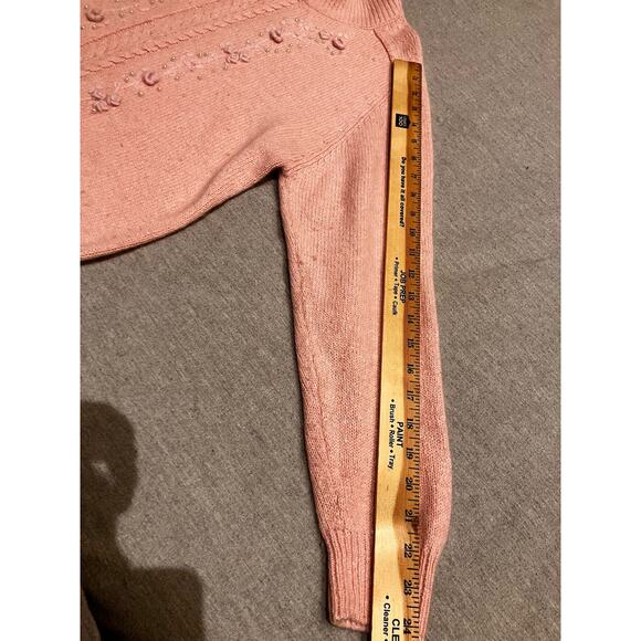Bramble Lane M Silk Angora Lambswool Faux Pearls Pink Granny Sweater Cable VTG - Picture 10 of 11
